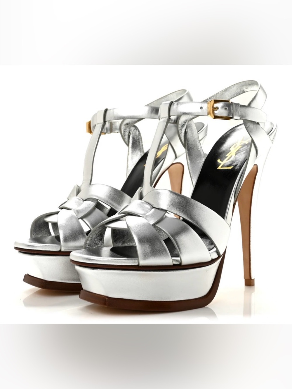 Saint Laurent Metallic Silver Braided T-Strap Platform Sandals